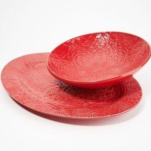 Beaver Farm Pottery Serving red ceramic platter and bowl set NEW IN BOX